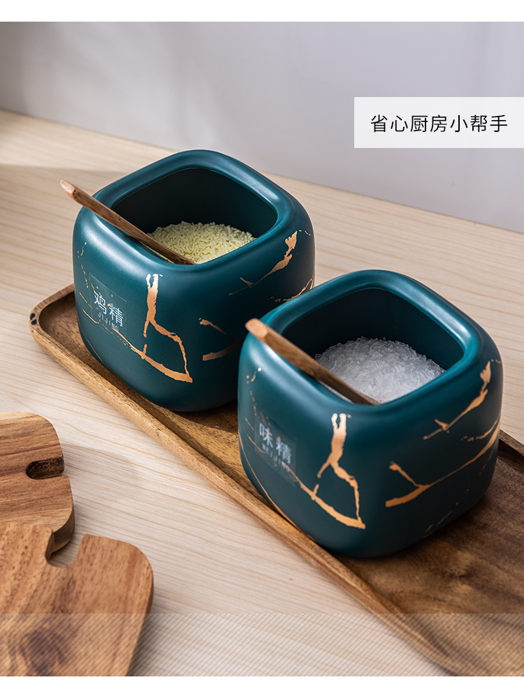 Nordic ins spice jar with cover of the new Chinese style household marble Jin Wen ceramic salt sugar taste pot three - piece suit