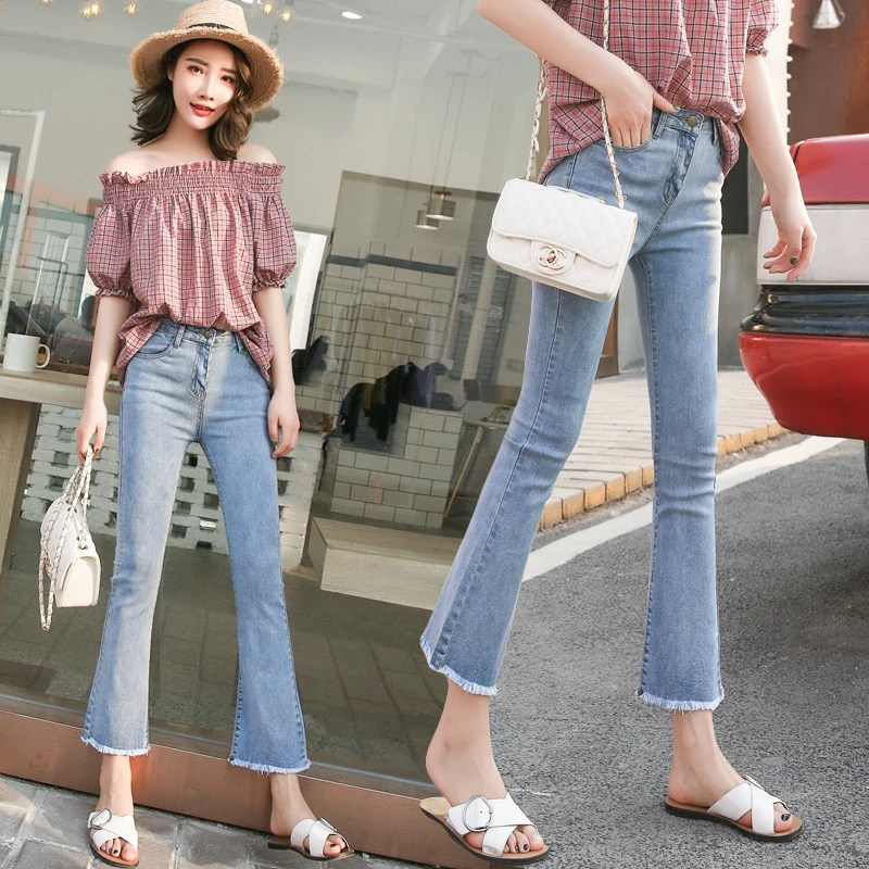 I Tchooiate new horn pants woman with high waist elastic pituality slim slim hair side denim 90% pants