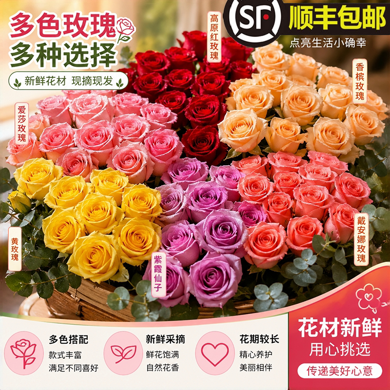 Multi-Colored Rose Bouquet, Fresh Flowers Directly from Yunnan Base, Ready to Ship, 2 Pieces, Sf Express Valentine's Day Gift