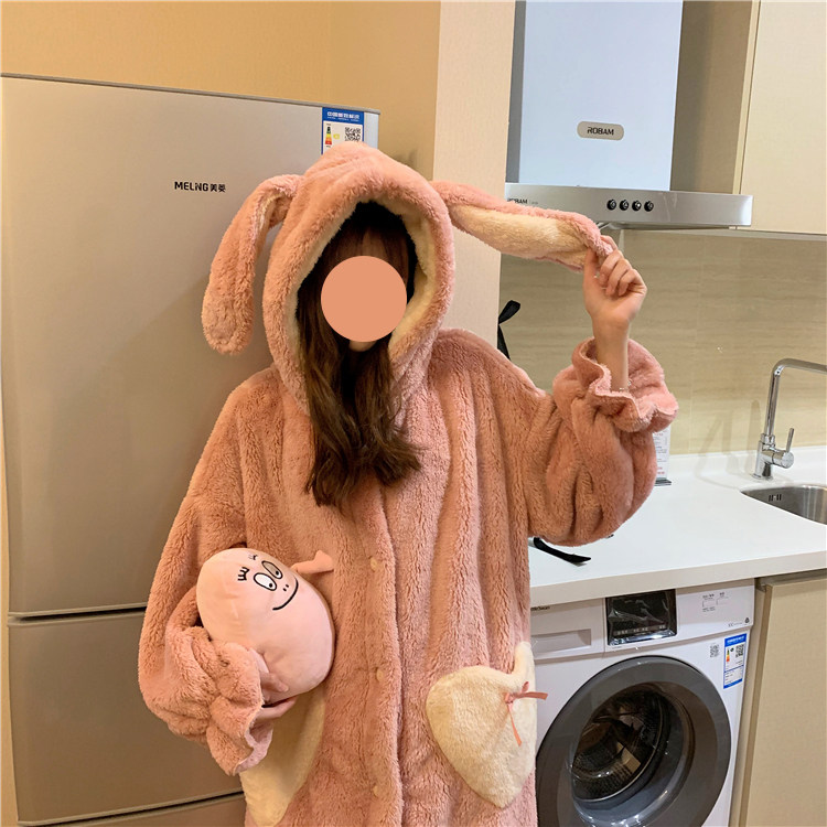 Sleeping Robe Girl Winter Coral Suede Pajamas 2021 New Cute Sleeping Dress With Cap Flannel Suede Outwear