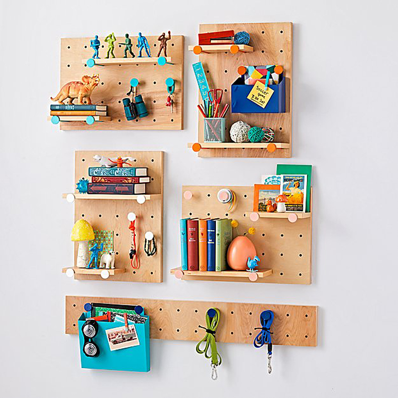 Small wood good kindergarten wall decoration wooden hole board background wall custom kindergarten wall shelf