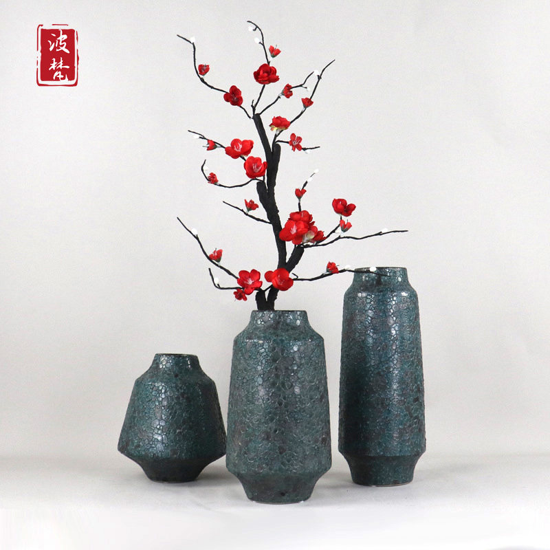 New Chinese Living Room Vase Suit Retro Green Coarse Pottery Flower Ware Creative Genguan Tea Table TV Cabinet Decoration Jars Hem