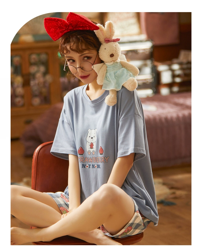 Mùa hè vài bộ đồ ngủ cotton nữ quần short ngắn tay dễ thương cotton Hàn Quốc nam giới phục vụ tại nhà bộ đồ mỏng phần - Cha mẹ và con