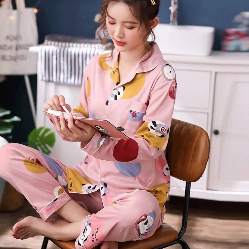 Đồ ngủ mới của phụ nữ mùa xuân và mùa thu dài tay của phụ nữ mùa hè cardigan lưới màu đỏ nóng phong cách phục vụ tại nhà bộ đồ hai mảnh có thể được mặc bên ngoài - Bộ Pajama