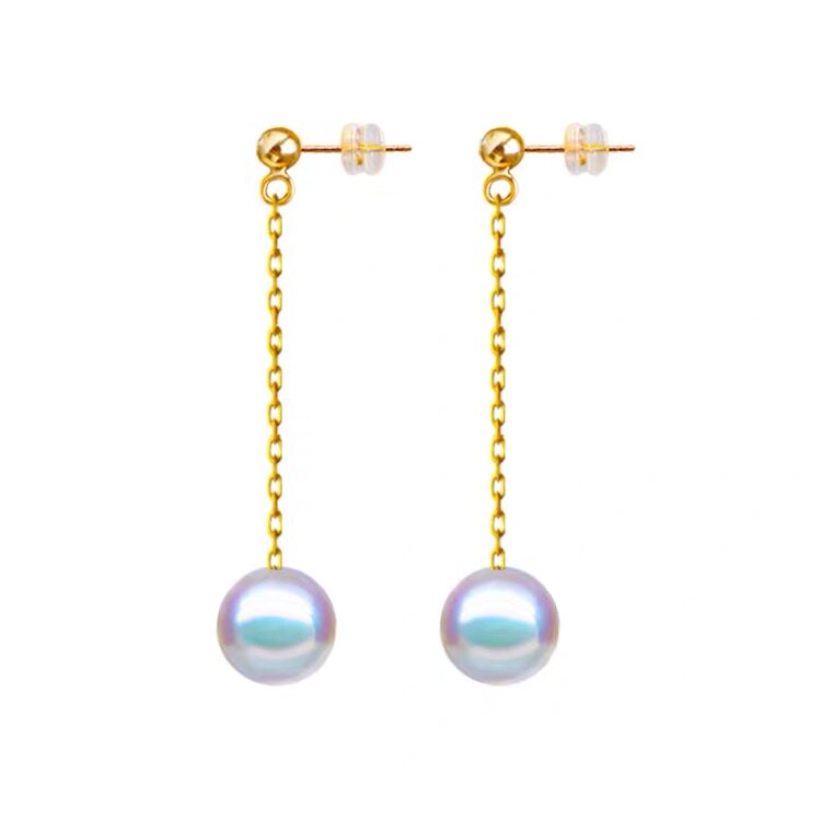 18K gold wind in blow pearl ear line female positive round glare 7-8mm Japan akoya sea water pearl earring ear pin