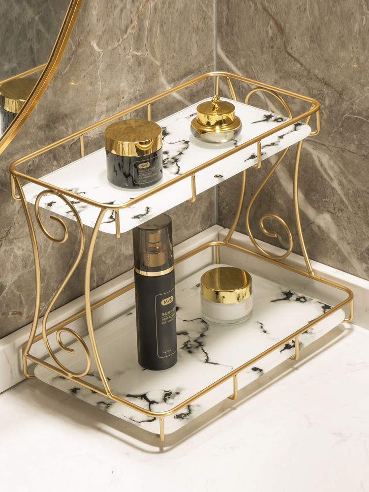 Bathroom cosmetics Washing countertop storage shelf Powder room toilet hand washing face Light luxury double storage box artifact