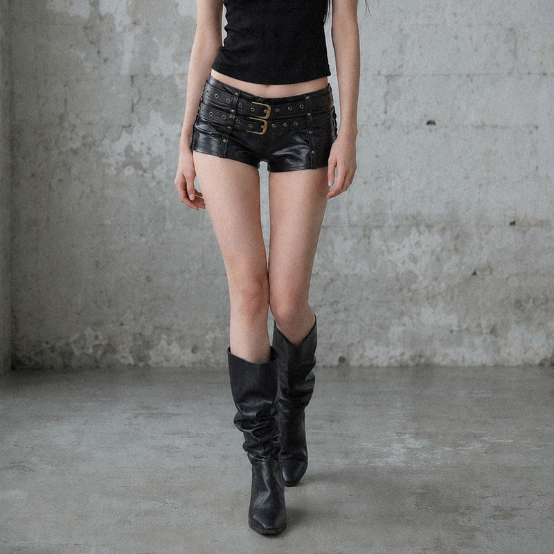 Seeyoulater American Style Spicy Girl Double-Layer Leather Metal Buckle Low-Waist Shorts Slim Fit Hip-Hugging Leather Pants for Women Seeyoulater American Style Spicy Girl Double-Layer Leather Metal Buckle Low-Waist Shorts Slim Fit Hip-Hugging Leather Pants for Women