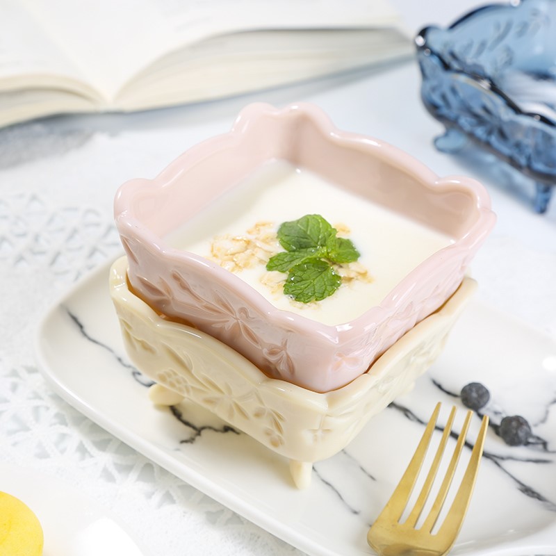 Retro Blue Carving Glass Quadrift Bowl Soap Box with High-end Creative Bowl Dry Fruit Bowl Ice Cream Bowl
