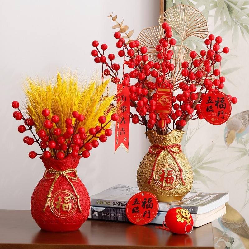 Lucky bag wheat ear decoration living room high-end atmosphere upscale simple atmosphere vase flower arrangement red fruit housewarming decoration