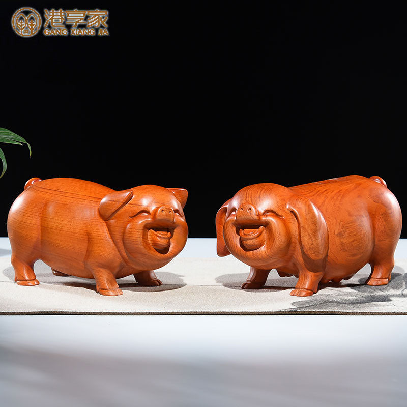 Rosewood wood carving zodiac pig ornaments a pair of solid wood roots high-end creative living room decoration mahogany crafts