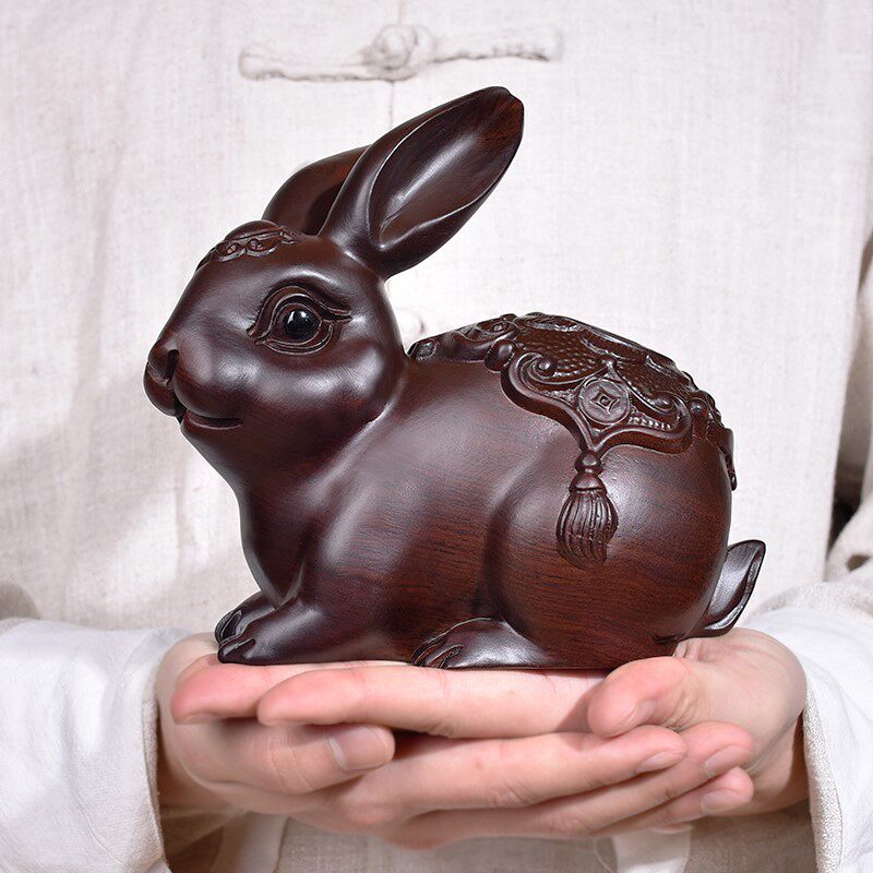 Black sandalwood solid wood engraving rabbit pair swing piece moving about atmosphere upscale red wood home living room gift handiwork 