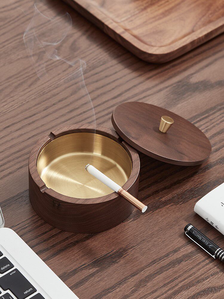 Walnut ashtray household living room solid wood cover simple atmospheric office minimal wooden ashtray luxury high
