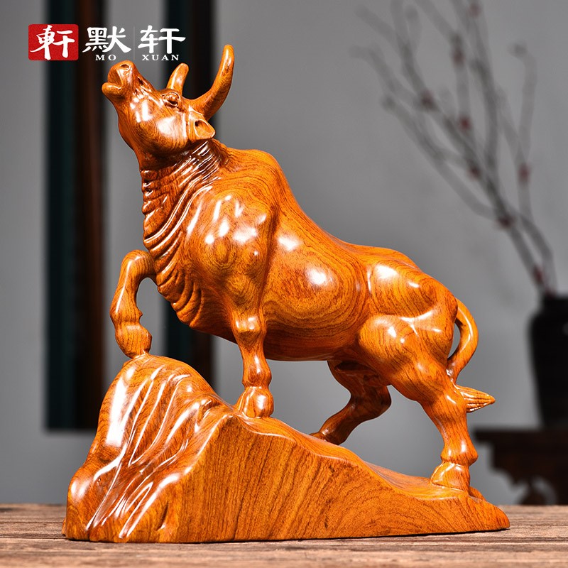 Rosewood Wood Carving Cow Ornament Wall Street Bullish High-end Creative Home Living Room Office Decoration Craft Gift
