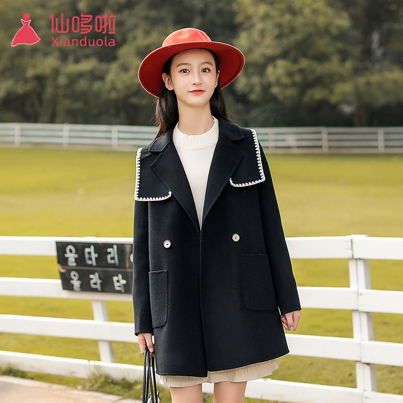 Big Girls Double-sided Cashmere Coat Black Mid-length Spring and Autumn Korean Girls Wool Wool Coat Children's Wool Coat