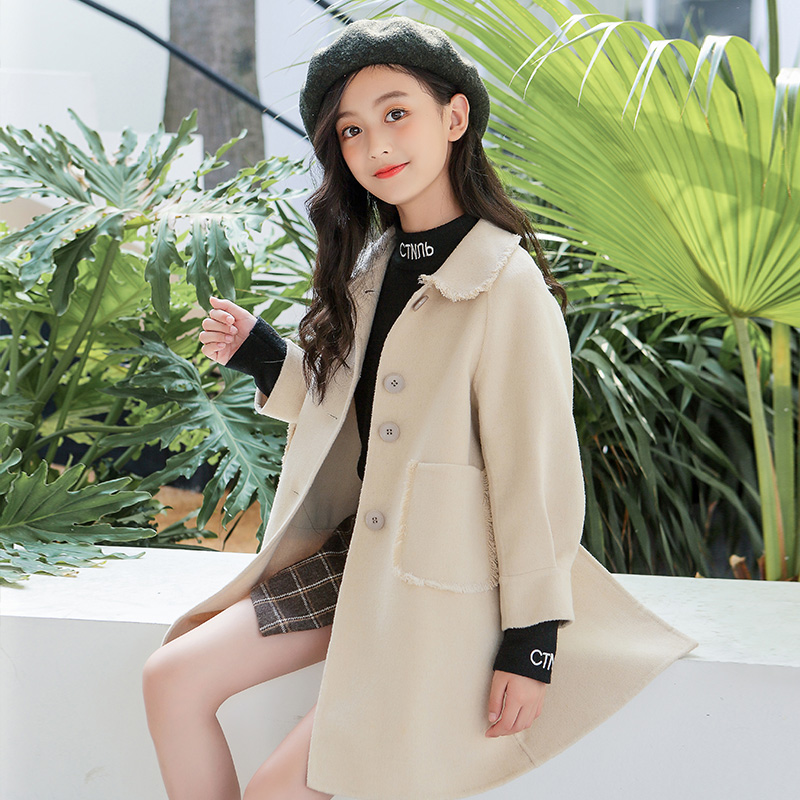 Girls double-sided cashmere coat 2022 new style foreign spring and autumn tweed in the big boy children's wool wool coat