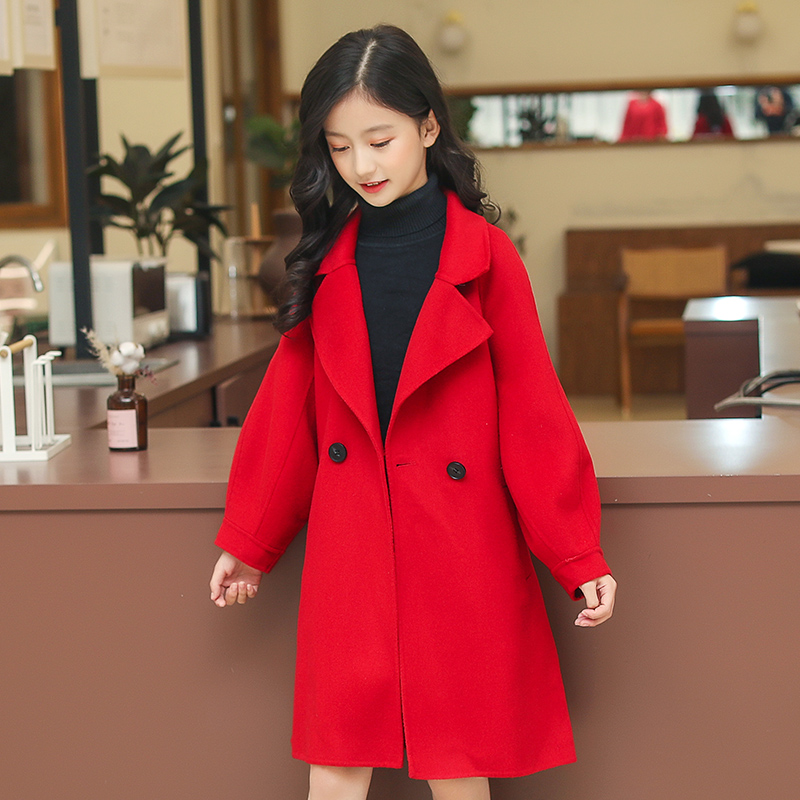 Girls' double-sided wool coat red mid-length 2022 new cashmere girls' woolen coat for big boys and girls