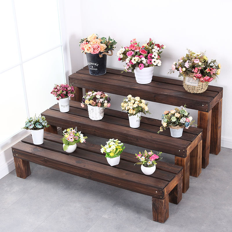 Carbonated Anticorrosive Wood Flower Shelf Outdoor Solid Wood Ladder Thickened Multi-Meat Flower Pot Shelf Wooden Multilayer Patio Outdoor