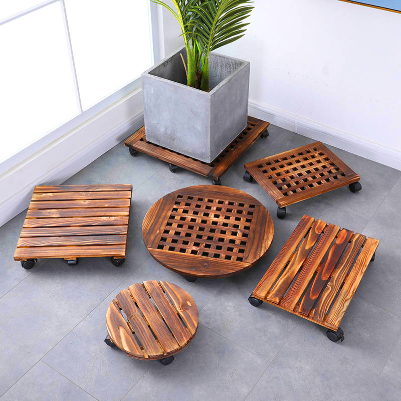 Anti-corrosive wood removable flower pot nursery tray round with roller solid wood base universal wheel rectangular potted plant flower