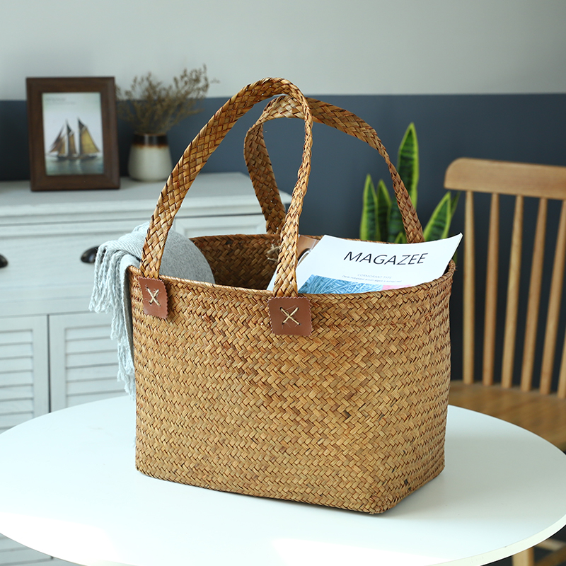 Literary straw woven hand basket shopping basket shopping basket with handle storage basket hand-woven basket desktop storage box