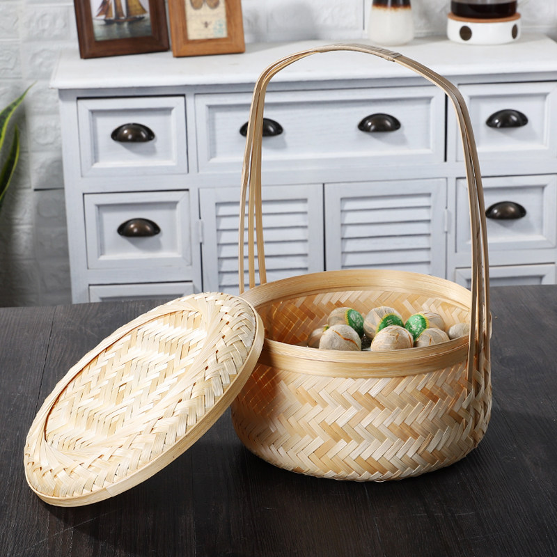 Bamboo Basket Large Egg Basket with Lid Bamboo Basket Tea Basket Zongzi Storage Basket Gift Basket Round Bamboo Products
