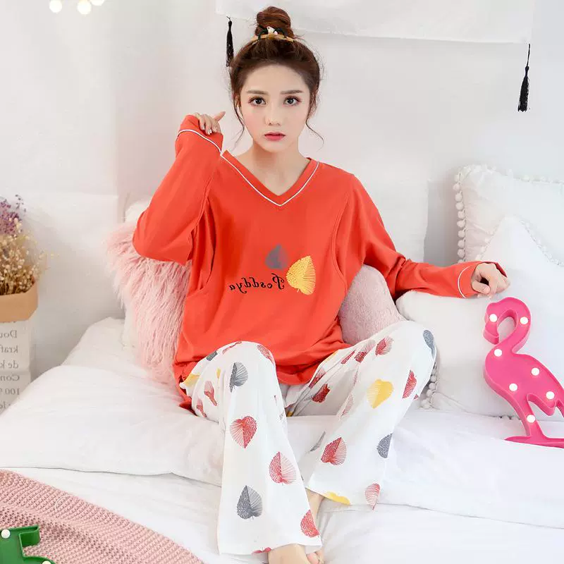 Mùa xuân và mùa hè mới cotton trùm đầu của phụ nữ mang thai mặc ở nhà có thể mặc kích thước lớn và ăn chất béo mặc quần áo sau sinh - Pyjama