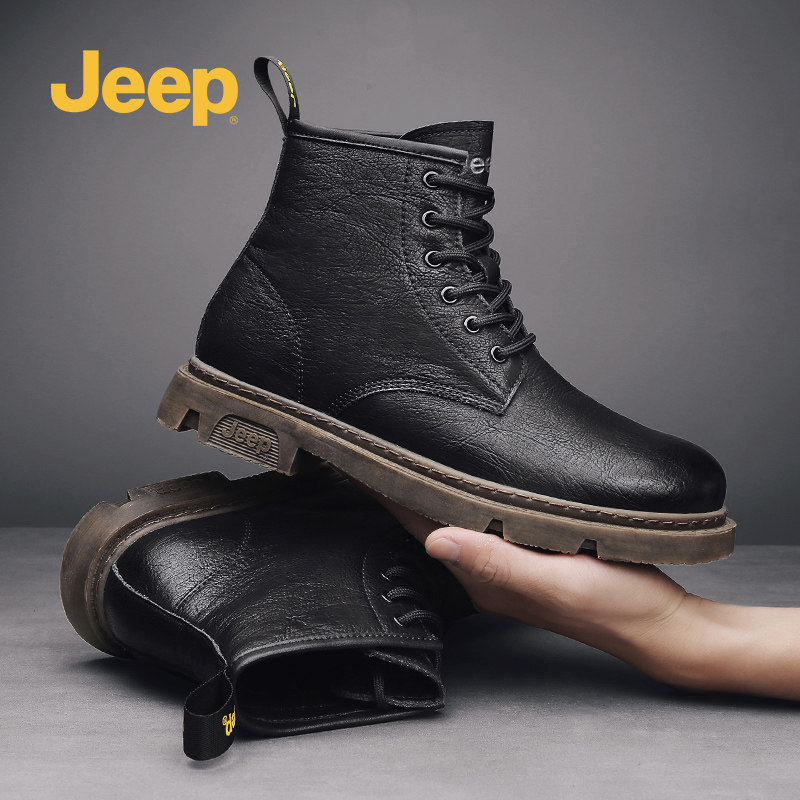 jeep gip jeep Martin boot male autumn winter Inren wind high cylinder black leather boot men genuine leather midcylinder tooling boots