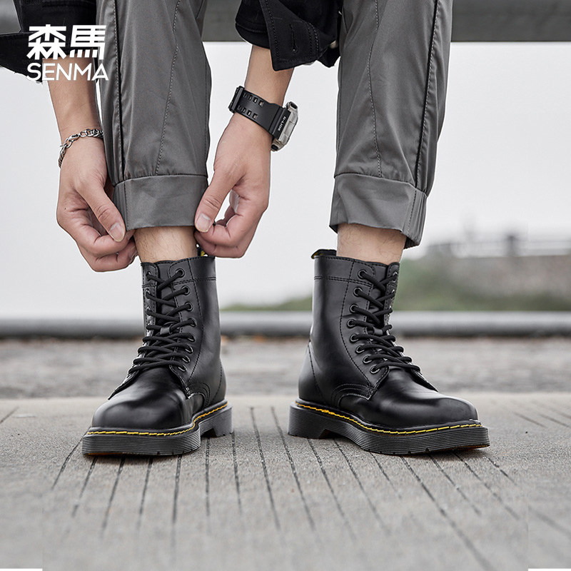 Semir black Martin boots men's high-top British wind top leather boots Spring and Autumn men's plush cargo boots tide