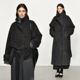 Relaxed Retro Stand-Up Collar Loose Silhouette Gray Alpaca Wool Blend Long and Short Woolen Coat for Women Winter