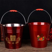 Wedding Dowry Red Bucket Stainless Steel Red Bucket Wedding Baking Varnish Happy Barrel Thickened Rice Barrel Wedding Storage Rice Storage Red Bucket