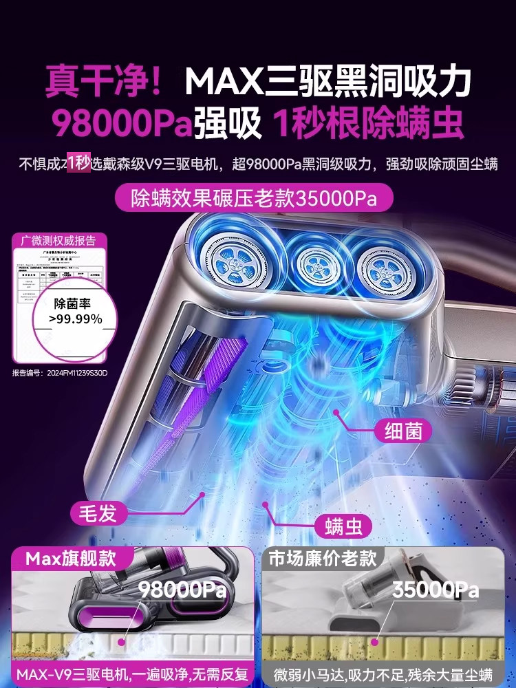 National Supplement]Double Cup Mite Removal Device for Home Use, Vacuum Cleaner for Bed, Removes Cat Hair and Mites, Ultraviolet Sterilization, Official Flagship