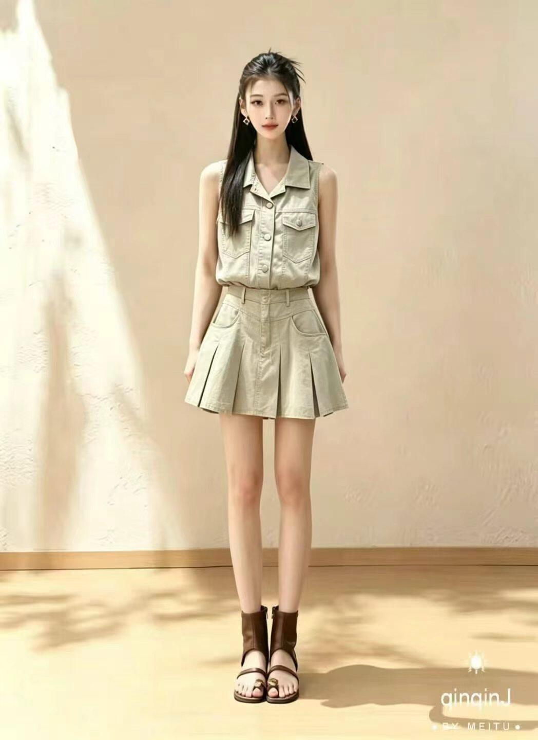 달콤한 차가운 바람 데님 워크웨어 두 조각 여성 세트 여름 민소매 폴로 칼라 베스트 하이웨이스트 플리츠 미니 스커트 핫걸 세트 상세 이미지 3