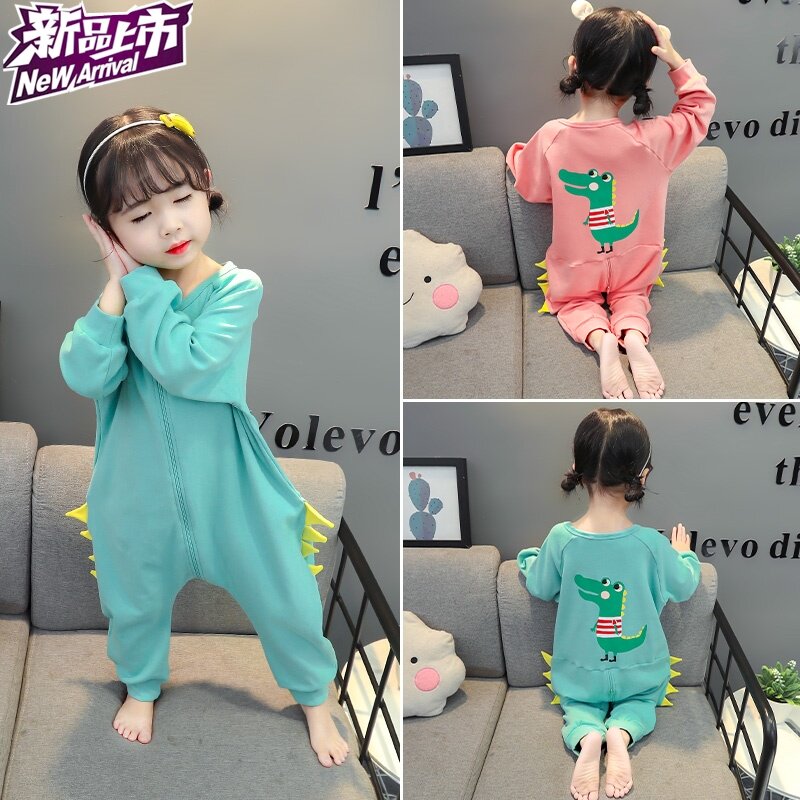 Children's one-piece pajamas spring and autumn pure cotton anti-cold three-year-old autumn female pure cotton cartoon children dinosaur clothes girl