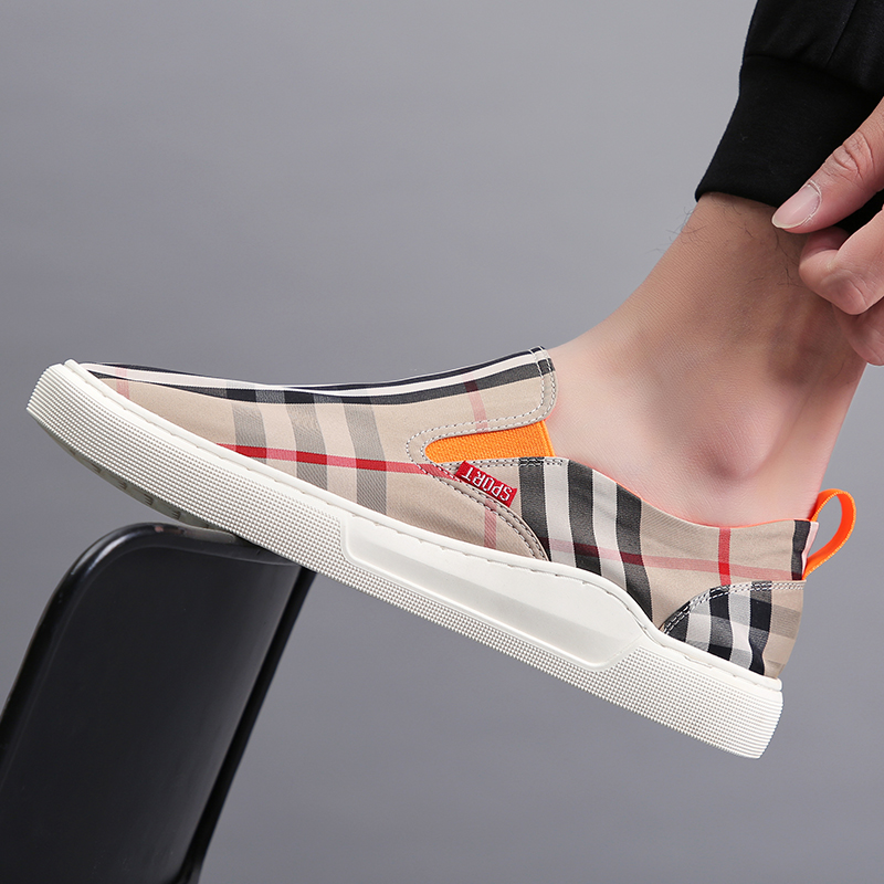 Printed plaid cloth shoes men's one foot pedal Korean version trendy summer shoes men's breathable canvas casual personality sloth shoes