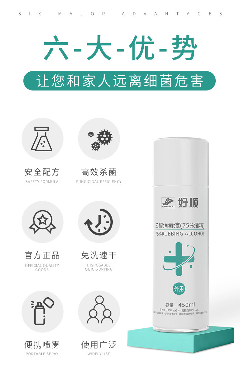 好顺 75%酒精喷雾消毒液 450ml 图3