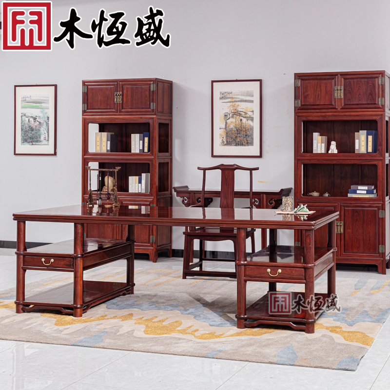 Wood Hengsheng mahogany furniture solid wood desk red rosewood wood surface desk chair bookcase study full set combination