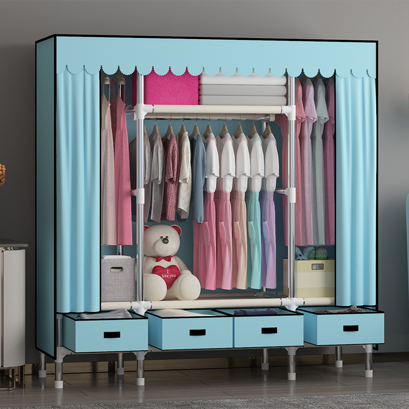 Wardrobe Simple Cloth Wardrobe Steel Pipe Plus Coarse Reinforcement Economy Type Rental House Double Cloth Art Thickened with Drawers Cloth Cabinet