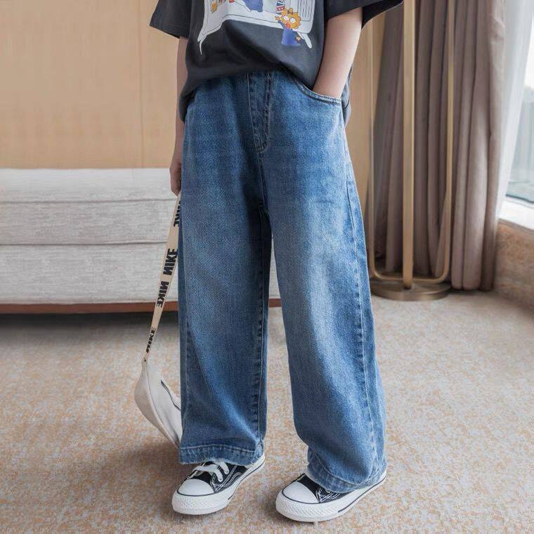 Girls' jeans wide-leg pants Korean version 2023 autumn and winter big girls plus velvet foreign style loose straight pants trousers trendy