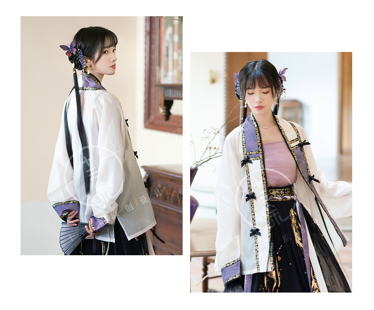 Китайцы одежда наборы 十三余小豆蔻儿[瑶光]黑金紫烫金对襟衫吊带褶裙蝴蝶结宋制汉服女