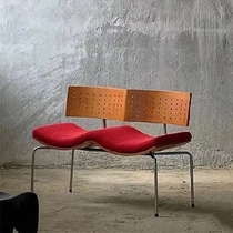 中古侘寂风格波浪椅客厅双人沙发网红复古实木饼干洞洞双人位餐椅