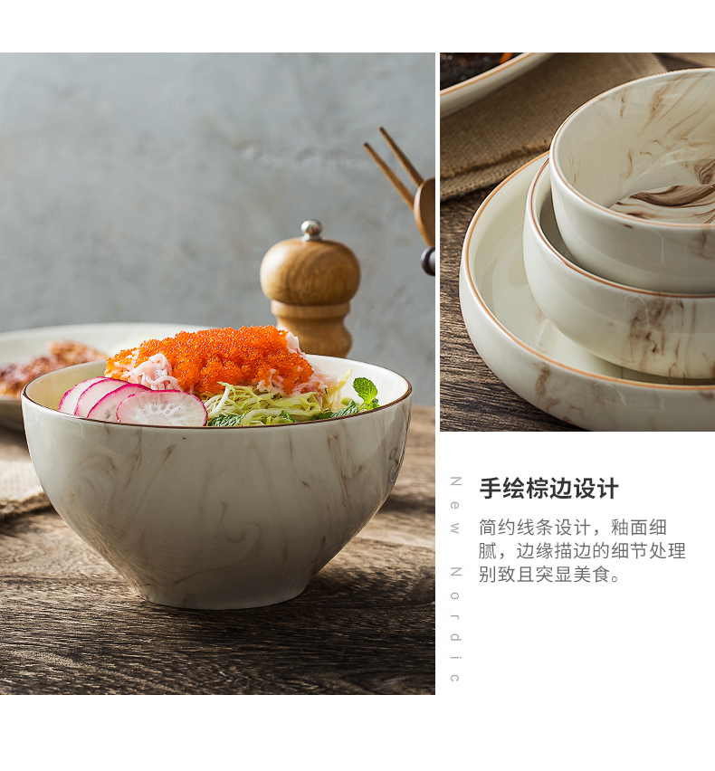 Ins Japanese creative dishes suit household ceramics tableware single marble bowl noodles soup bowl Korean move