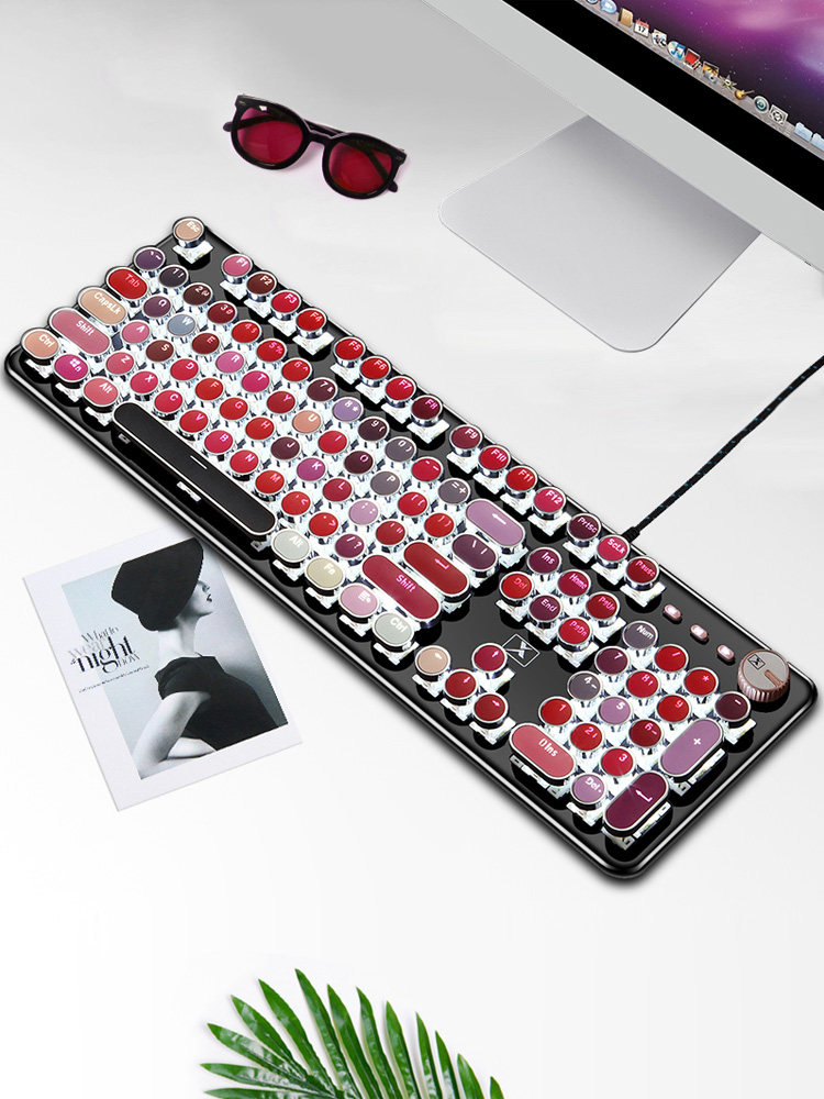 Net Red Lipstick Mechanical Keyboard Mouse Set Wired Candy Round Key Wireless Retro Laptop Desktop Green Axis Game Cute Girl Heart Cherry Pink Office Typing External