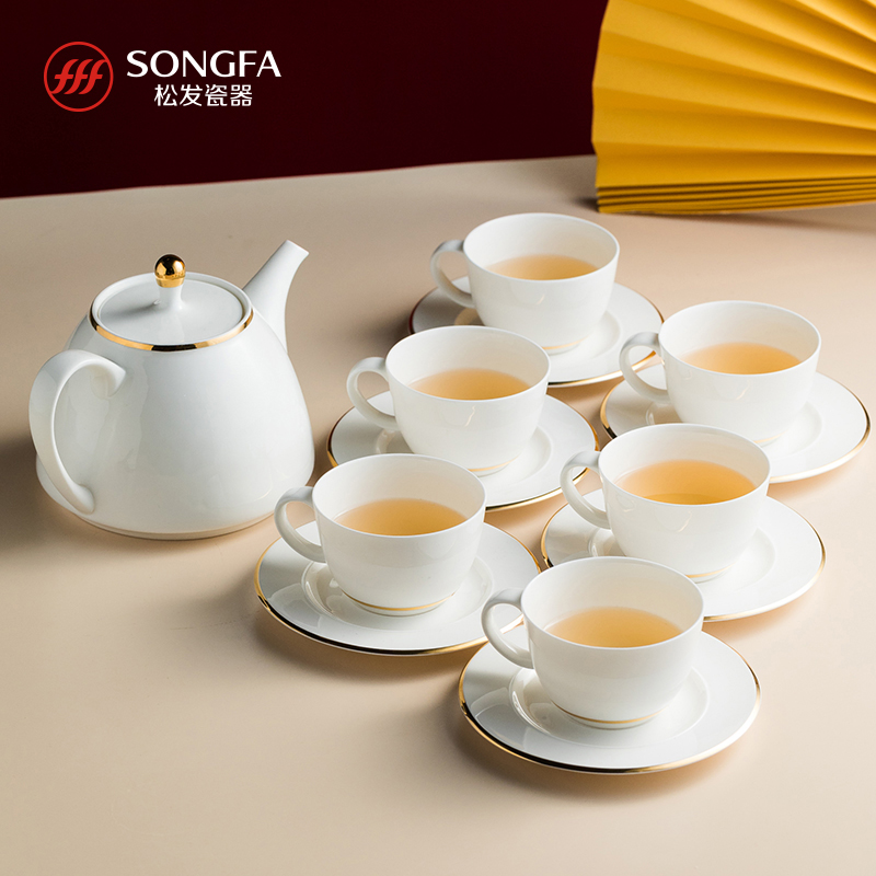 Songfa Kung Fu Tea Set Gold Silk Jade Bone China Complete Cover Bowl Teapot Tea Cup Set Tea Set Pure Color White Porcelain Cup and Saucer