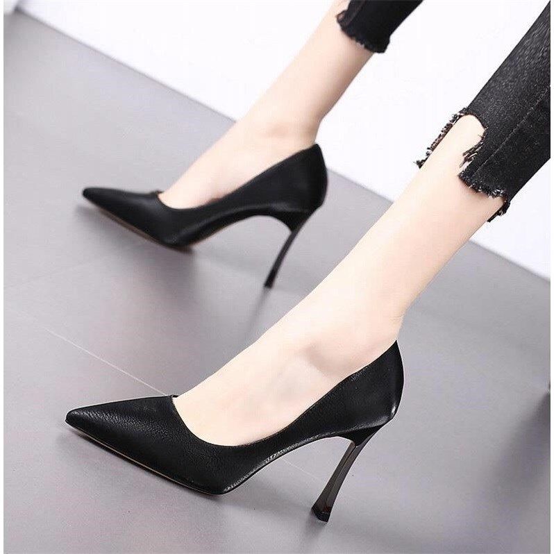 High heel shoes 2019 Korean version Spring new custard metal fine heels Shoes Shallow Mouth Sexy Black Single Shoes