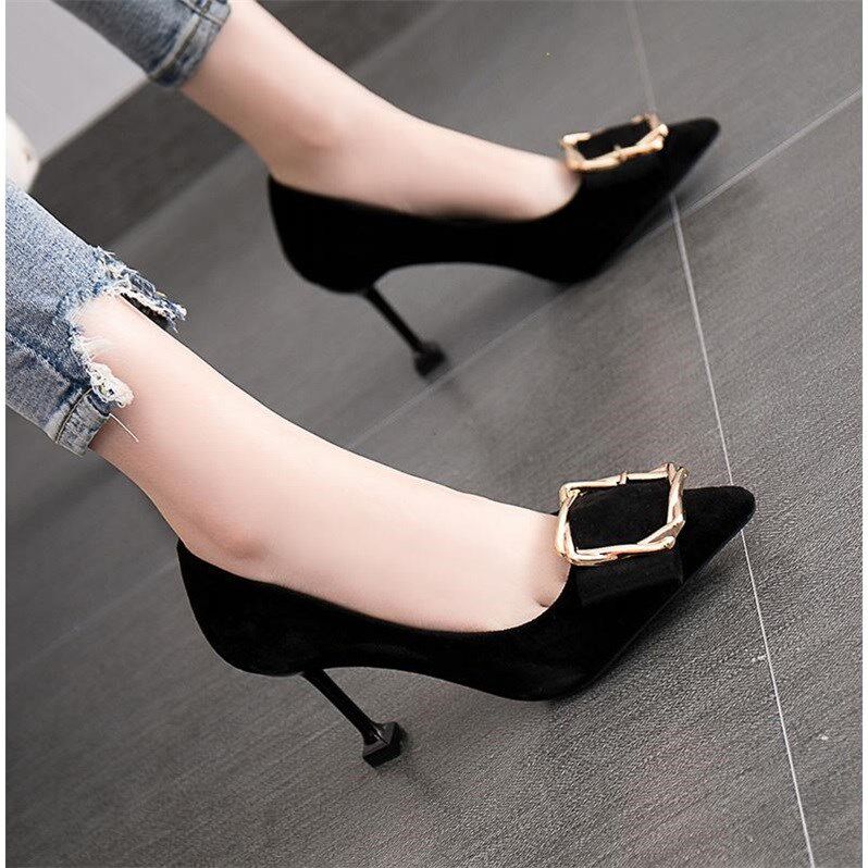 High Heel Shoes Women's Slim Heels Children Student Han Edition 2019 New Metal Square Button 100 Hitch Wrap Shoes Woman
