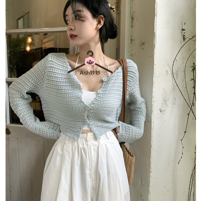 New Spring and Summer Style for Petite People: Hollow-Out Knit Cardigan with Long Sleeves, Sun-Protective Mesh Outerwear, Short Top