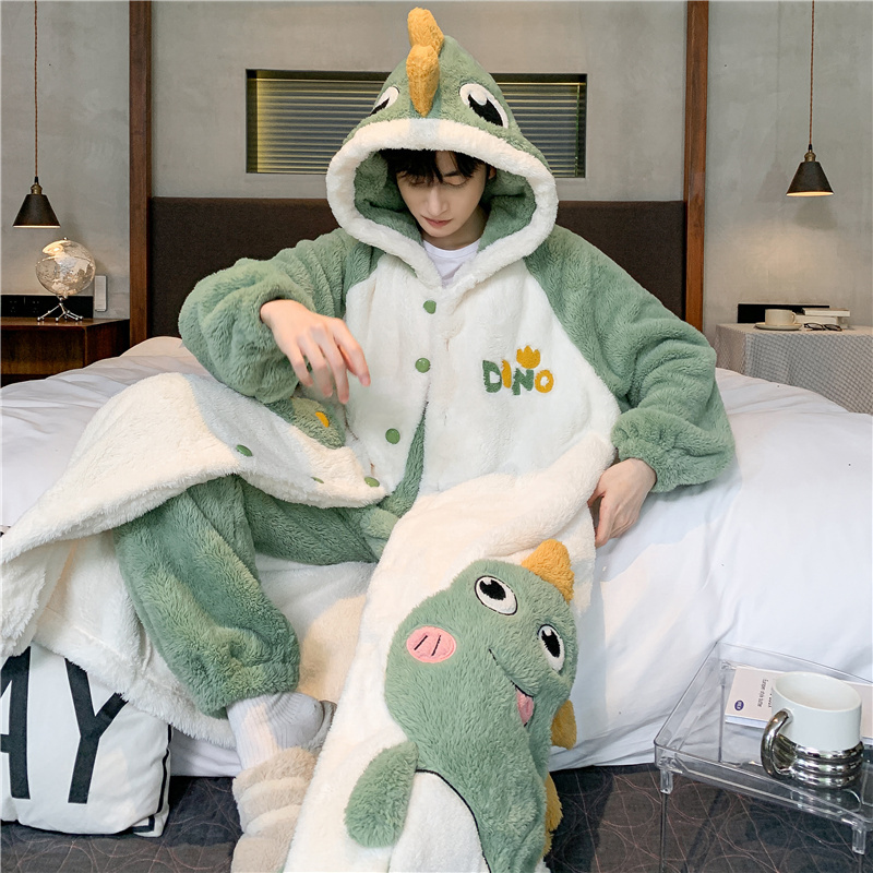 Men's Pajamas for Autumn and Winter, Coral Fleece, Thickened, Long Robe Set, Teen Bathrobe, Can Be Worn Outside, Loungewear Men's Pajamas for Autumn and Winter, Coral Fleece, Thickened, Long Robe Set, Teen Bathrobe, Can Be Worn Outside, Loungewear