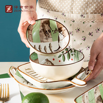 Zennan baking tray oven plate ceramic bowl binaural cheese baked rice plate Japanese hand-painted tableware household dish dish dish