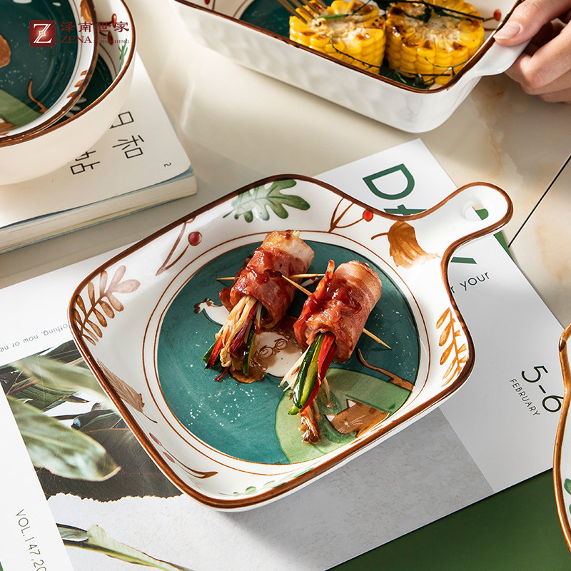 Plate Creative Mesh Red Plate Oven Baked Trays Ceramic Home with handle Western dinners Tableware Dishes