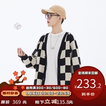 PSO Brand chessboard Plaid color matching vneck cardigan sweater men Spring Autumn couple knit jacket