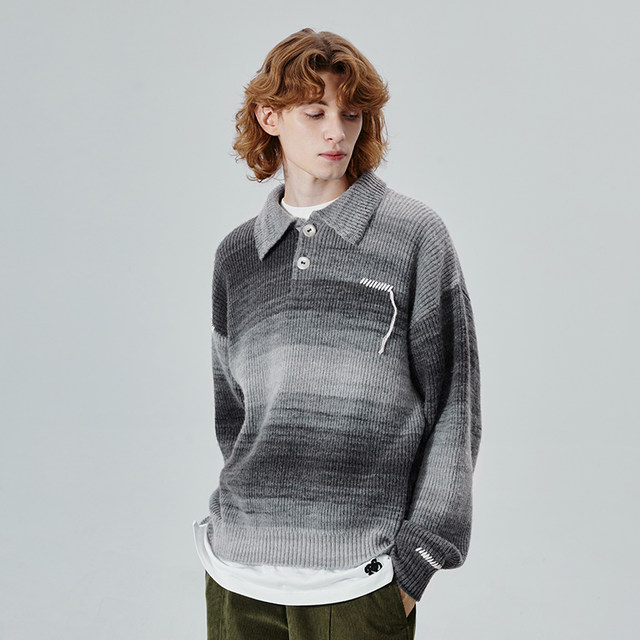 PSOBrand Gradient Rainbow Color POLO Collar Sweater Men's Loose Autumn and Winter Couple Knitted Sweater Tops